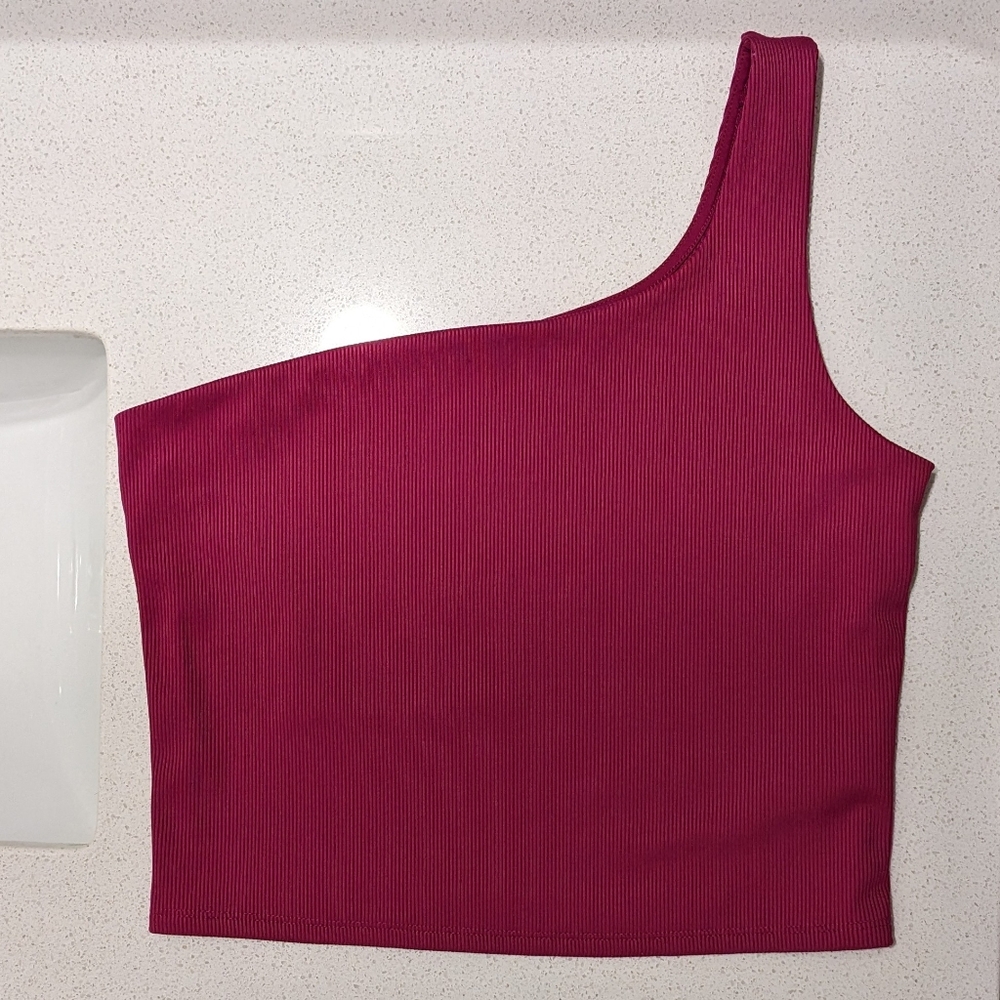 Express Body Contour Ribbed One Shoulder Crop Top - Picture 3 of 4